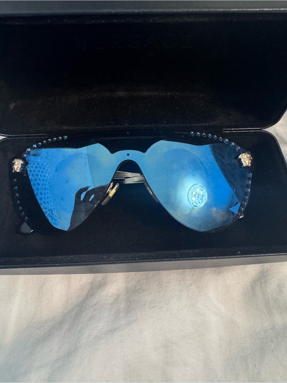 Versace Women’s Blue Shield Sunglasses with Medusa Accents